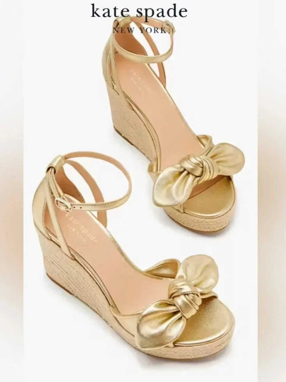 NIB KATE SPADE Tianna Espadrille Wedge Gold Leather Metallic Sandals, Size 11